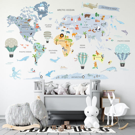 Wall decals Children's world map Animals and hot air balloons