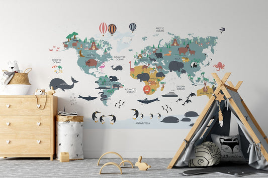 Wall decals Children's world map Animals of the world