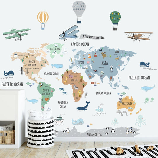 Wall decals  Children's world map with hot air balloons and airplanes