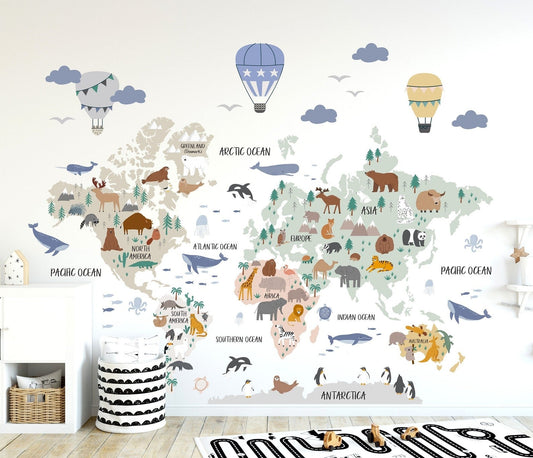 Wall decals Children's world map animals of the world
