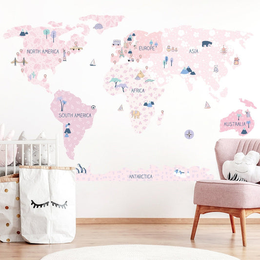 Wall decals Children's world map continents pink