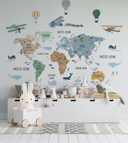 Wall decals  Children's world map with hot air balloons and airplanes