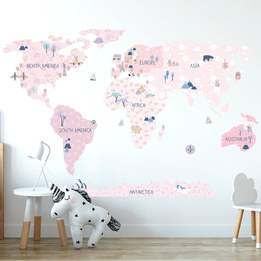 Wall decals Children's world map continents pink