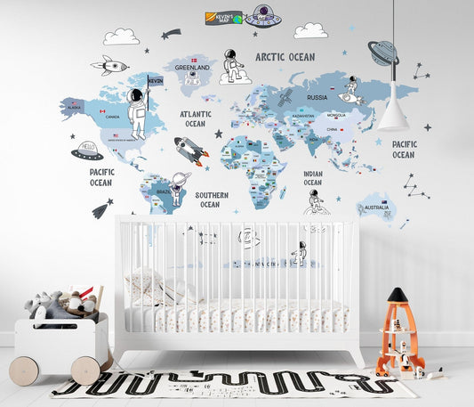 Wall decals  Children's world map of astronauts