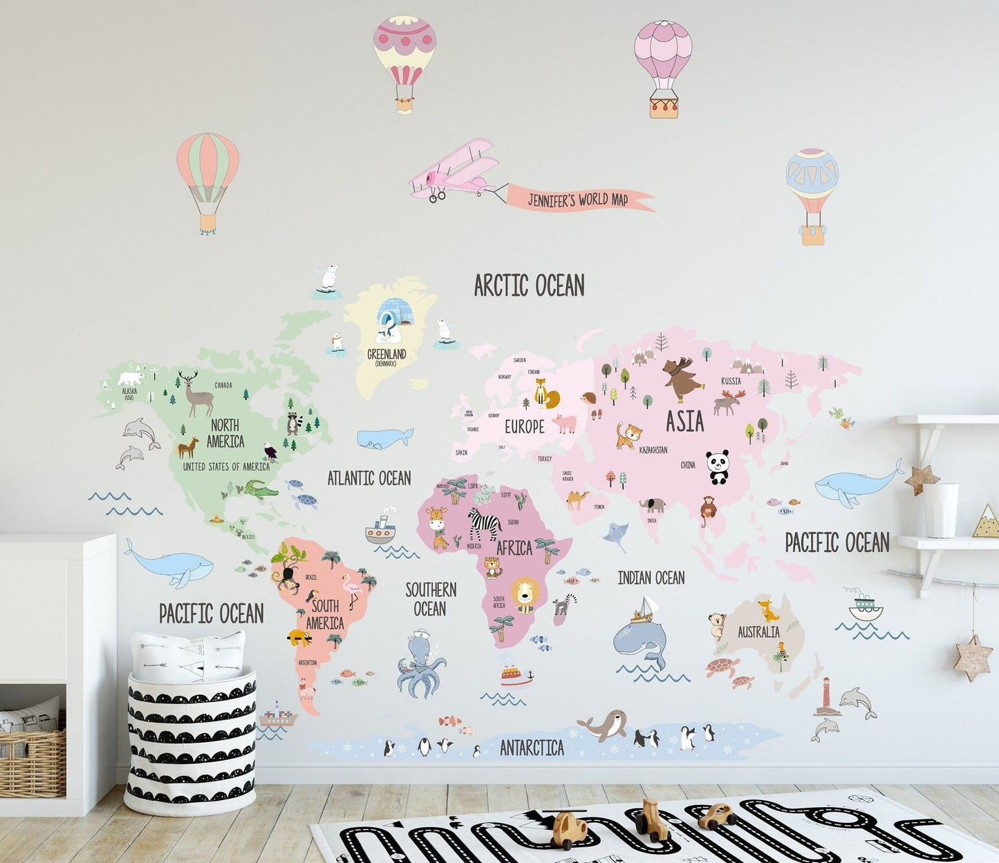 Wall decals Children's world map Girl Pink animals, plane and balloons