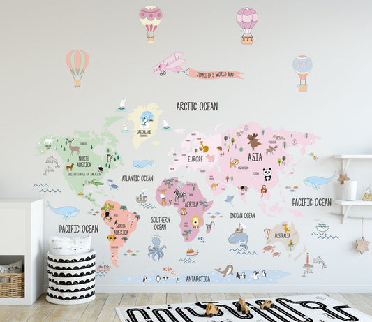 Wall decals Children's world map Girl Pink animals, plane and balloons