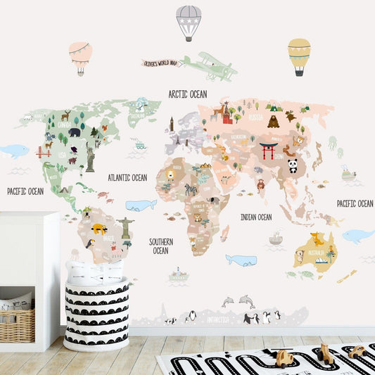 Wall decals Children's world map animals and monuments