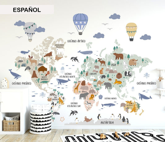 Wall decals Children's world map animals of the world