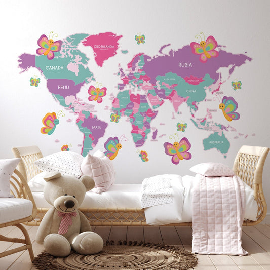 Wall decals Children's world map Pink girl with butterflies
