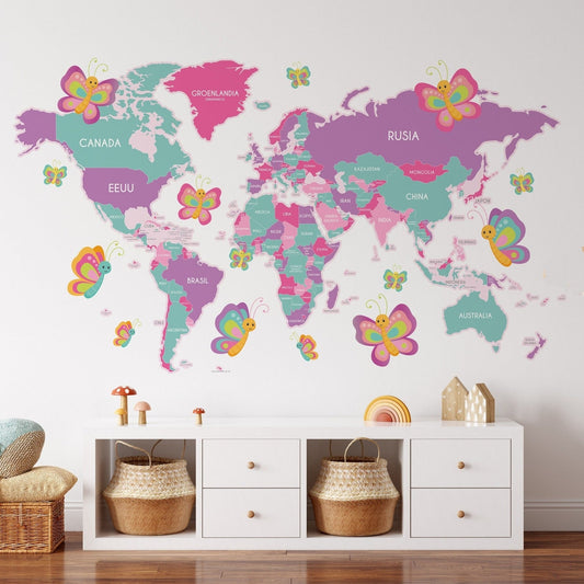 Wall decals Children's world map Pink girl with butterflies
