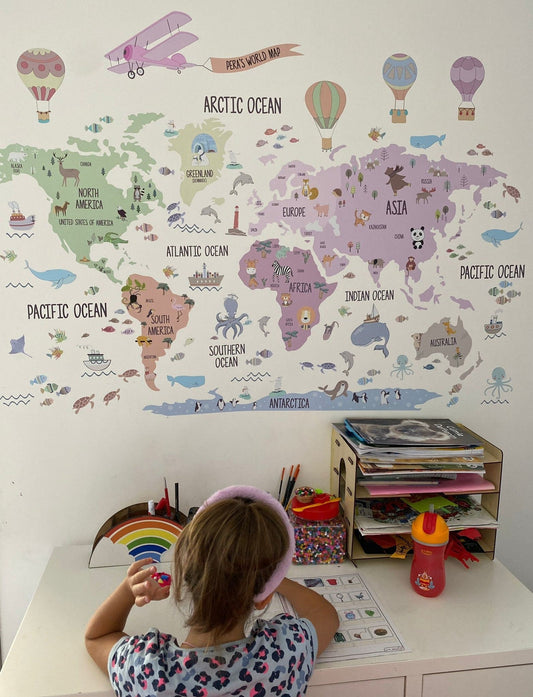 Wall decals Children's world map Girl Pink animals, plane and balloons