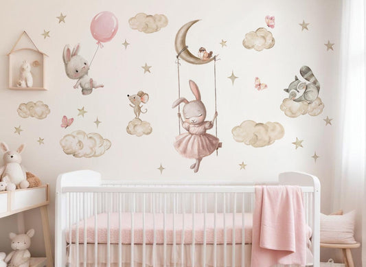 Wall decals for Children's Rabbit with animals in the cloud
